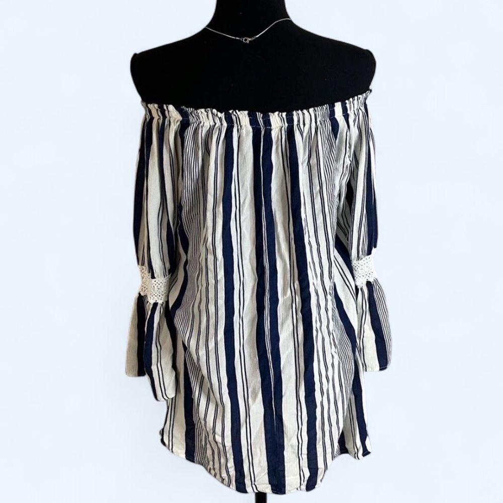 Off-Shoulder Navy & White Striped Dress Beach Cover-up - Picture 2 of 4